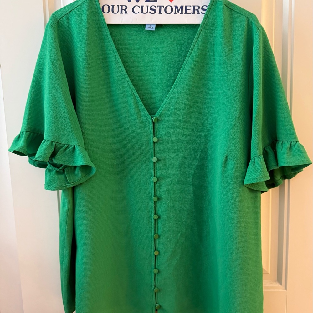 CeCe Green Flutter Sleeve Blouse with Ruffled Details